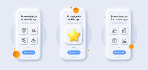 Eco bike, Court building and Pet shelter line icons pack. 3d phone mockups with star. Glass smartphone screen. Vip table, Wine glass, Contactless payment web icon. Vector