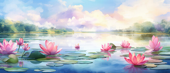Watercolor Lotus Serenity: Tranquil Lake Scene - obrazy, fototapety, plakaty