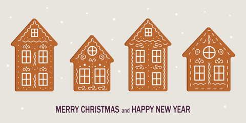 Gingerbread house. Set of cute cartoon gingerbread houses. Christmas cookies. Vector illustration