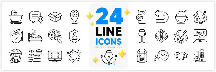 Icons set of Ice cream, Volunteer and Security line icons pack for app with Bordeaux glass, Vegetarian food, Undo thin outline icon. Video conference, Sleep, Time management pictogram. Vector