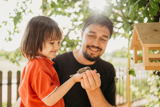 Father and son holding sparrow near bird house
