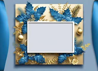 Elegantes Weihnachtsdesign - Weihnachtskarte mit blauen und goldenen Blumen und Platz für Beschriftungen