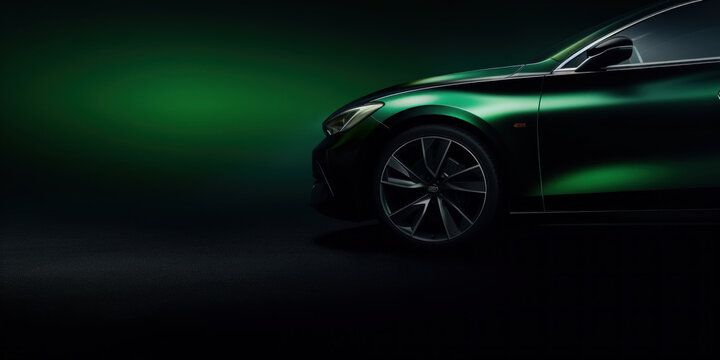 Minimal copy space, edge of green car, close up bokeh photoshoot for dark background product advertising