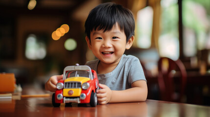 Portrait of a cute asian boy with a toy - obrazy, fototapety, plakaty