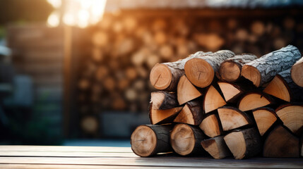 Stack of firewood on the table against the blurred background