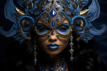 Stunning woman in majorelle blue carnival mask