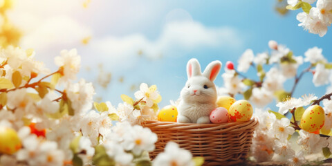 Spring easter decoration. Colorful eggs in a basket and bunny with flowers
