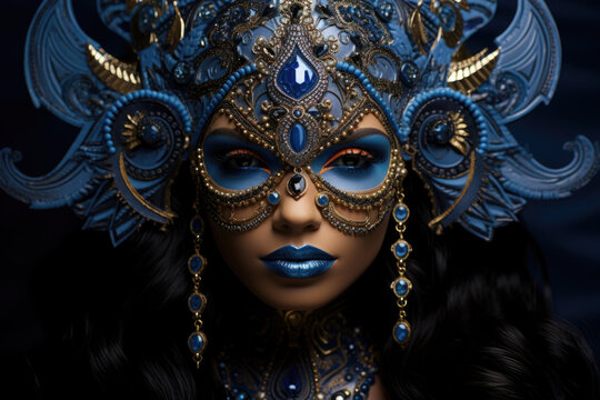 Stunning woman in majorelle blue carnival mask