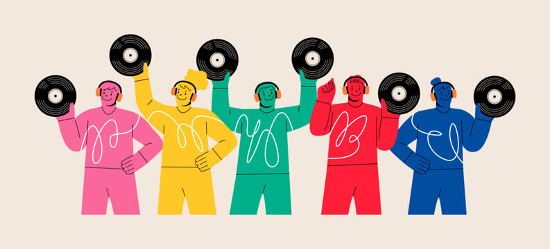 Group of man and woman holding vintage vinyl music. Colorful vector illustration