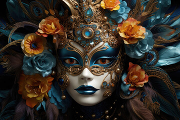 Woman in carnival mask decorated with flowers and feathers