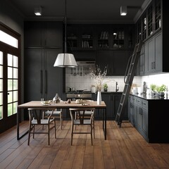 modern dark kitchen interior.