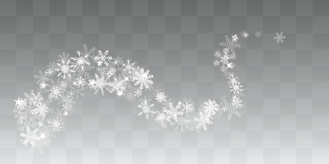 Winter decoration. Swirl curve from flying white transparent snowflakes. Vector holiday design element.