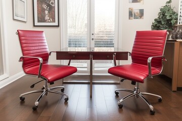 contemporary crimson desk chair, dual workstations. Generative AI