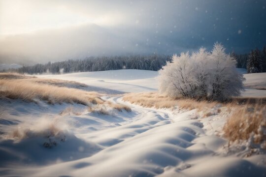 A serene image capturing the beauty of snow covered on trees and mountains.