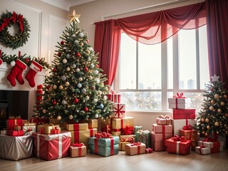 Christmas tree with gifts indoors