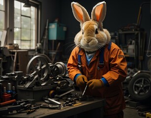 a rabbit becomes a mechanic - obrazy, fototapety, plakaty