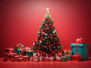 Fototapeta na wymiar Christmas tree with gifts red background