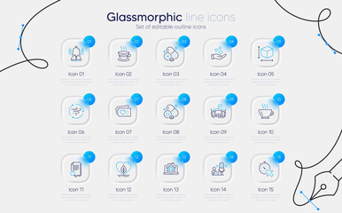 Naklejka premium Set of Local grown, Box size and Realtor line icons for web app. Brand, Coffee, Chlorine mineral icons. Search file, Arena, Love tickets signs. Wind energy, Donation money, Podcast. Vector