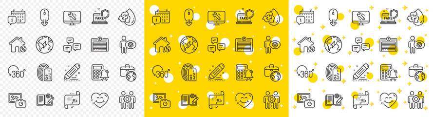 Outline Scroll down, Electricity and Calendar line icons pack for web with Recycle water, Global business, Monitor repair line icon. Photo camera, Loan house, Fake internet pictogram icon. Vector