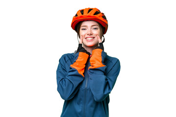 Young cyclist woman over isolated chroma key background smiling with a happy and pleasant expression - obrazy, fototapety, plakaty