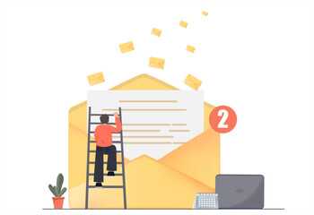 Person sending or getting mail, e-mail at working place, climbing huge letter envelop, freelance work concept, flat vector illustration