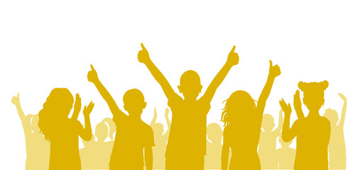 Happy cheerful crowd of children, silhouette. Sport fans, kids on party or at school and etc. Vector illustration
