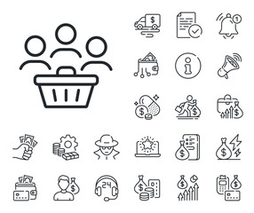 Customers group sign. Cash money, loan and mortgage outline icons. Buyers with shopping cart line icon. Supermarket clients symbol. Buyers line sign. Credit card, crypto wallet icon. Vector