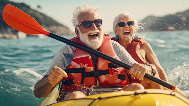 Happy seniors is having fun with travelling and joyful activity on holiday, happy retirement concept.