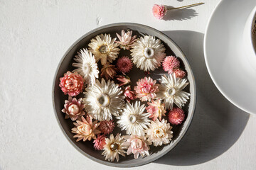 Studio shot of bowl of dried flower heads