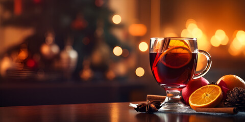 Mulled red wine in a glass mug with spices, blurred lights background 