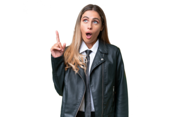 Business pretty Uruguayan woman wearing a biker jacket over isolated background thinking an idea pointing the finger up