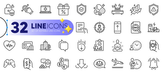 Outline set of Document, Notification bell and Gamepad line icons for web with Arrivals plane, Money app, Security app thin icon. Justice scales, Medical help, Headhunting pictogram icon. Vector