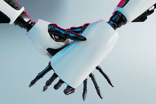 3D render of two robotic arms shaking hands