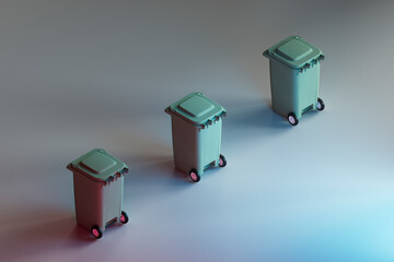 3D render of row of wheeled garbage cans