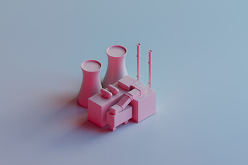 3D render of nuclear power plant model standing against gray background