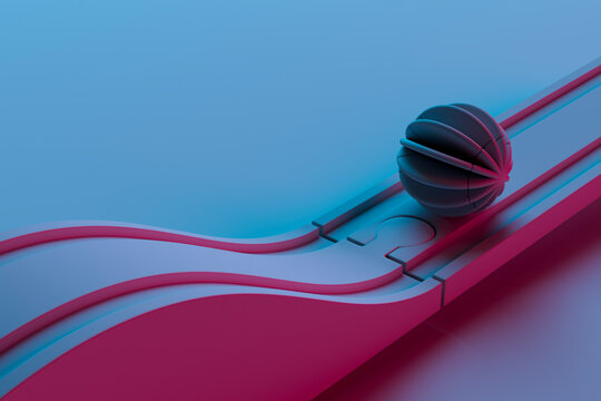 3D render of spherical object bouncing along toy track