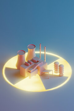 3D render of nuclear power plant model standing on radioactive warning symbol