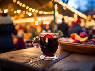 Close up of red mulled wine on a table, blurred Christmas market with people in background