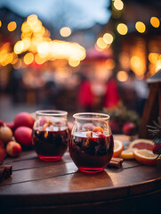 Two glass mugs with mulled wine on a table, blurred Christmas market with lights in background