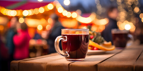 Close up of red mulled wine on a table, blurred Christmas market with lights in background - obrazy, fototapety, plakaty