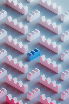 3D pattern of pink wavy toy blocks with single blue one in center