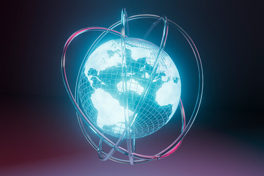 Three dimensional render of planet Earth resembling atom