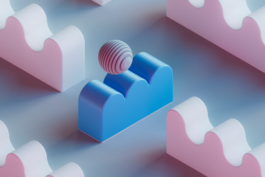 3D render of sphere floating over blue wavy toy block