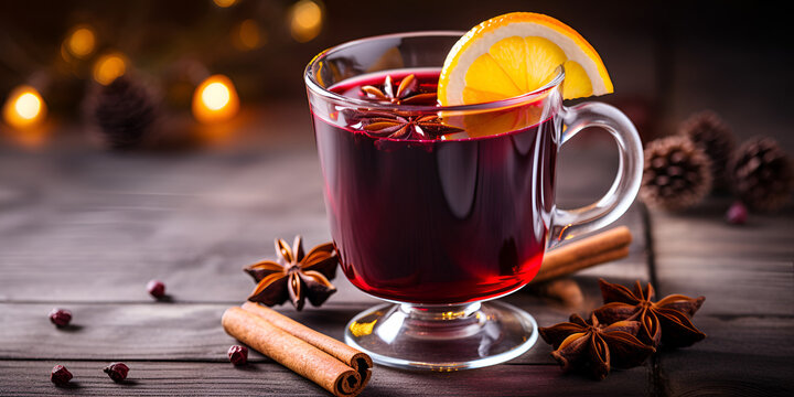 Mulled red wine in a glass mug with spices on wooden table, blurred dark background 