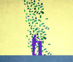 Illustration of money falling on male public speaker