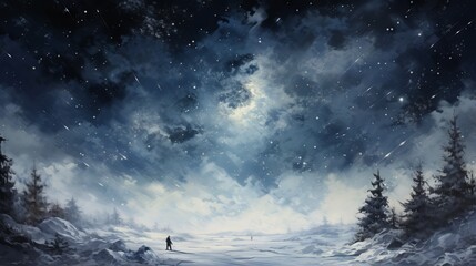 Winter space of snow: a serene and majestic illustration of snowy landscape with trees and mountains