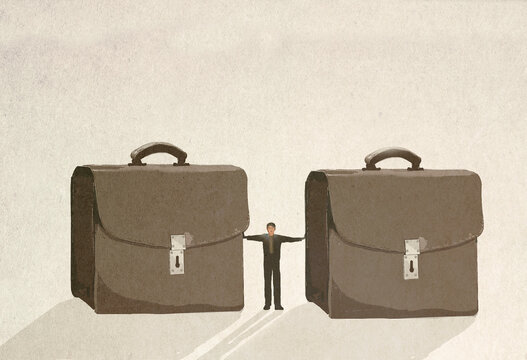 Illustration of businessman standing between two oversized briefcases symbolizing amount of work