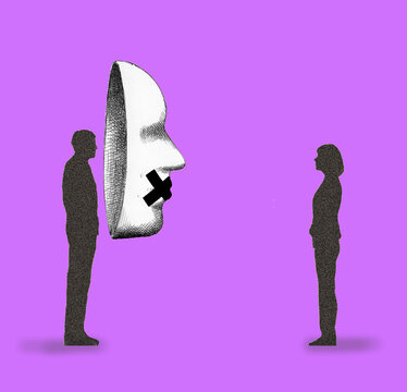 Illustration of couple standing face to face with man hiding behind oversized mask with taped mouth