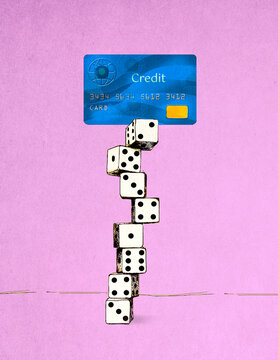 Illustration of credit card balancing on top of stack of dice