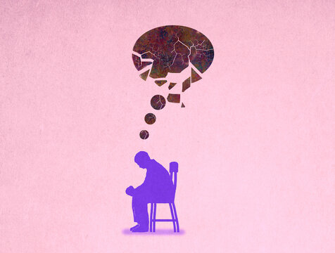 Illustration of man sitting under cracked thought bubble